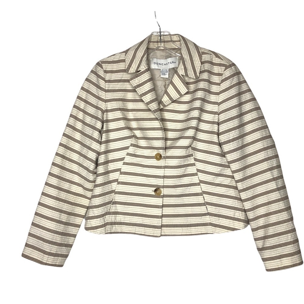 New- DONCASTER 100% Cotton Ivory & Tan Striped Button Front Short Blazer Size 10